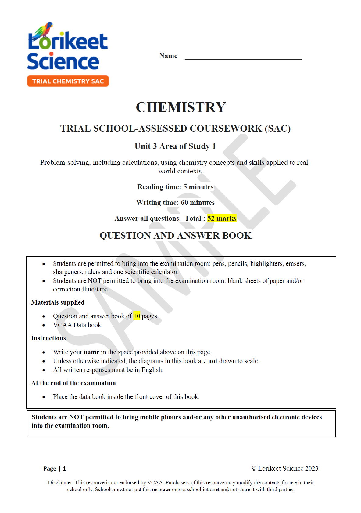 Lorikeet Science Trial VCE Chemistry Exams & SACs