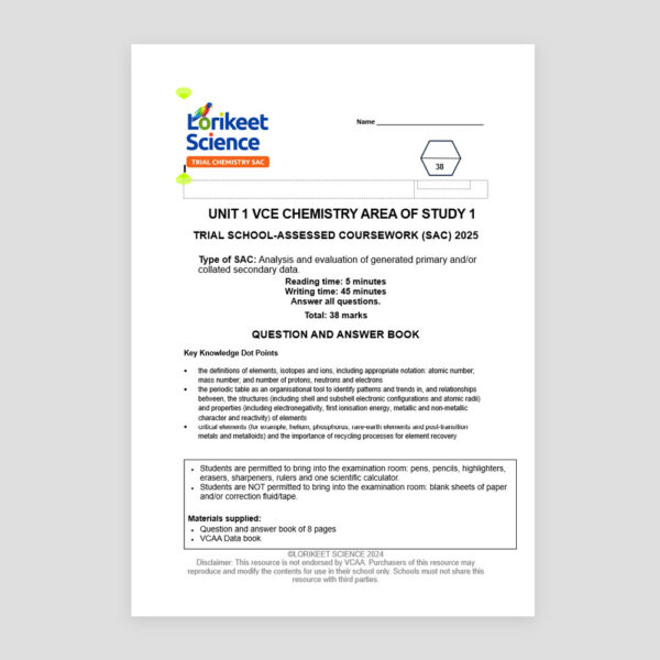 Trial SAC - Unit 1 Area of Study 1 - problem-solving, including calculations, using chemistry concepts and skills applied to real-world contexts
