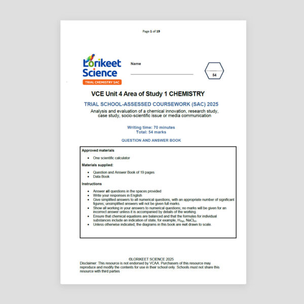 2025 Unit 4 Area of Study 1 Trial SAC VCE Chemistry