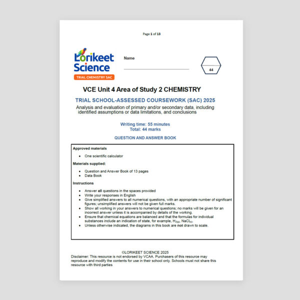 2025 Unit 4 Area of Study 2 Trial SAC VCE Chemistry