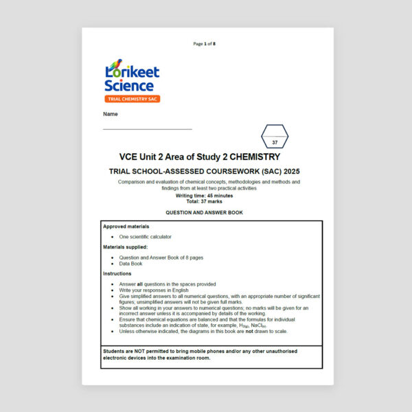 2025 Unit 2 Area of Study 2 Trial SAC VCE Chemistry